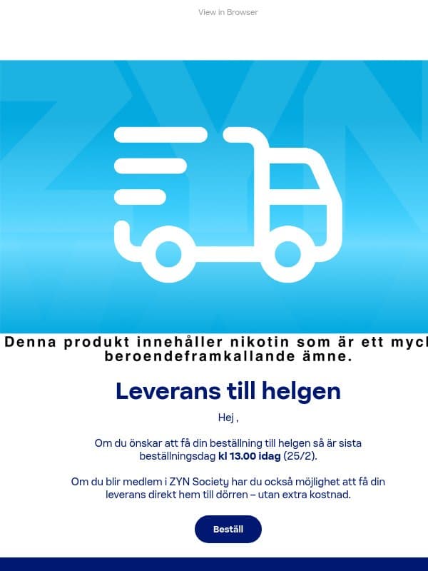 Leverans till helgen email from ZYN