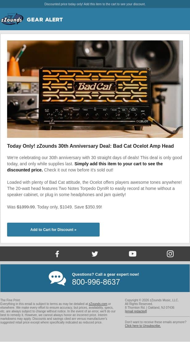 zZounds 30th Anniversary Deal: $350 OFF the Bad Cat Ocelot! email from zzounds screenshot