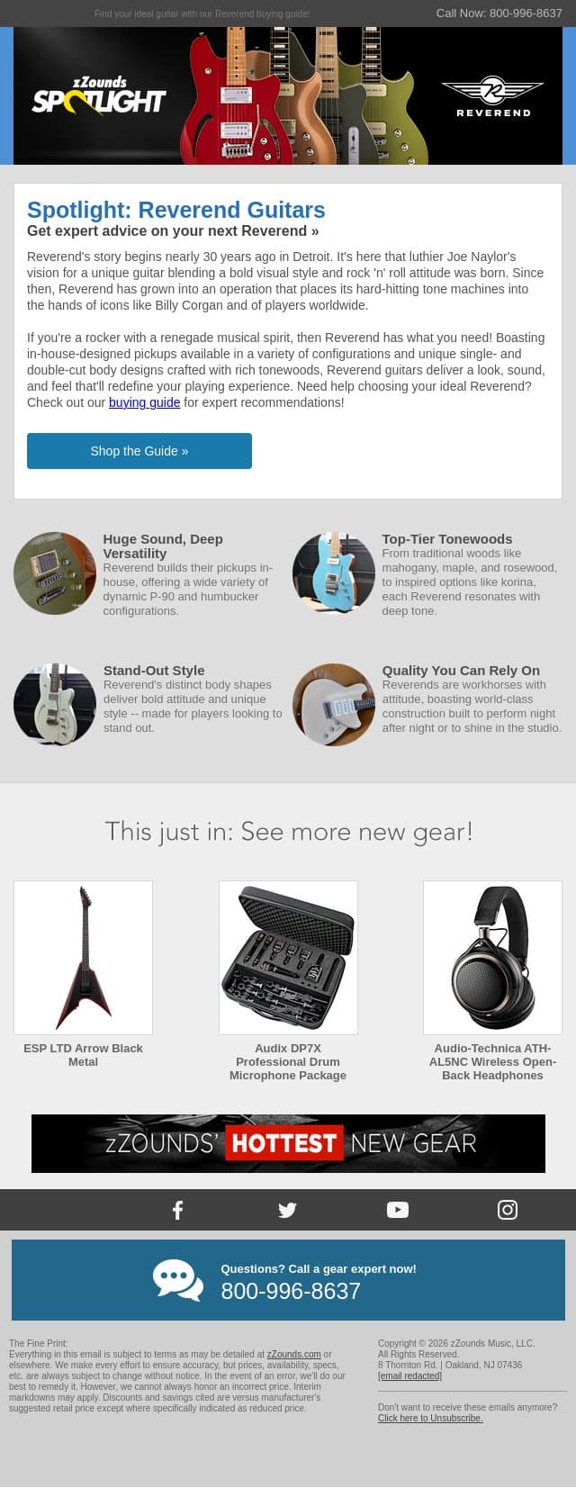 Reverend Guitars: zZounds Spotlight email from zzounds screenshot