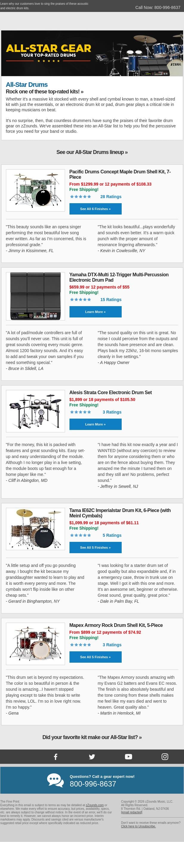 All-Star Drum Kits & E-Drums from $659.99! email from zzounds screenshot