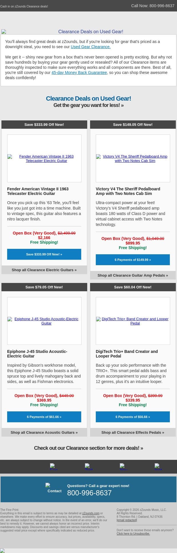 Open-Box Deals: Epiphone, Fender, Victory, and More! email from zzounds screenshot