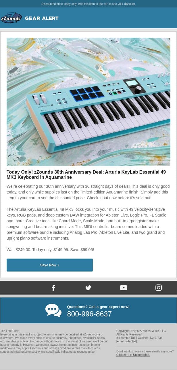 zZounds 30th Anniversary Deal: $99 OFF Arturia KeyLab Essential 49 email from zzounds screenshot