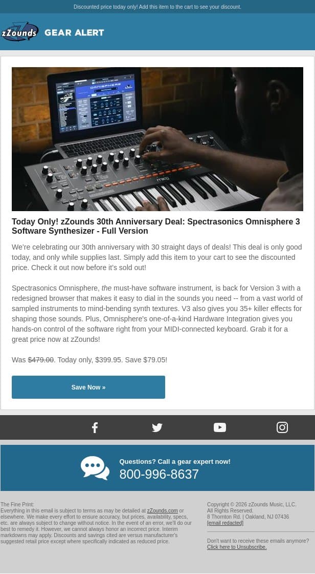 zZounds 30th Anniversary Deal: Omnisphere 3 Software Synthesizer! email from zzounds screenshot