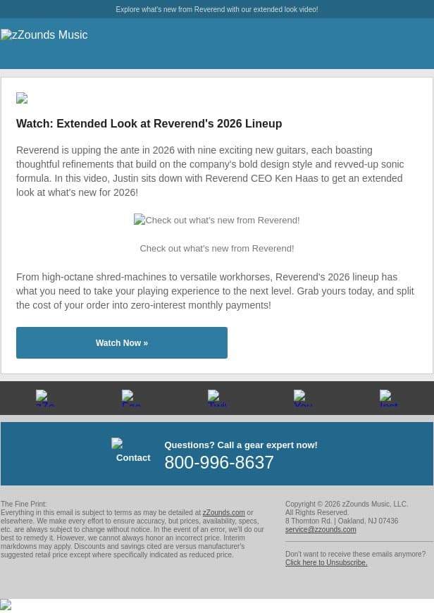 Look Out! Reverend's Coming In Hot with Nine New Guitars! email from zzounds screenshot
