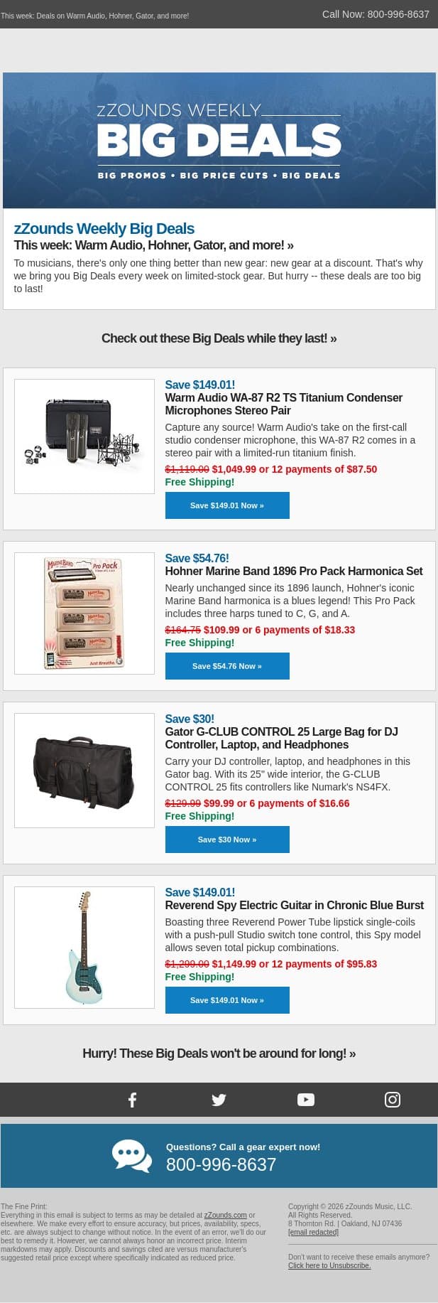 Whole Lotta BIG DEALS Goin' On! email from zzounds screenshot