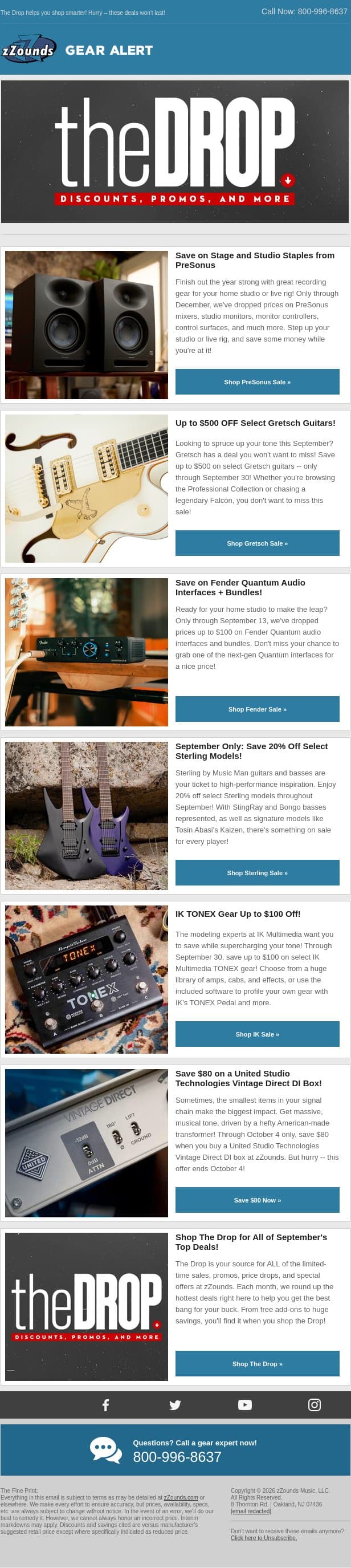 The Drop: Up to $500 OFF Iconic Gretsch Guitars and More! email from zzounds screenshot