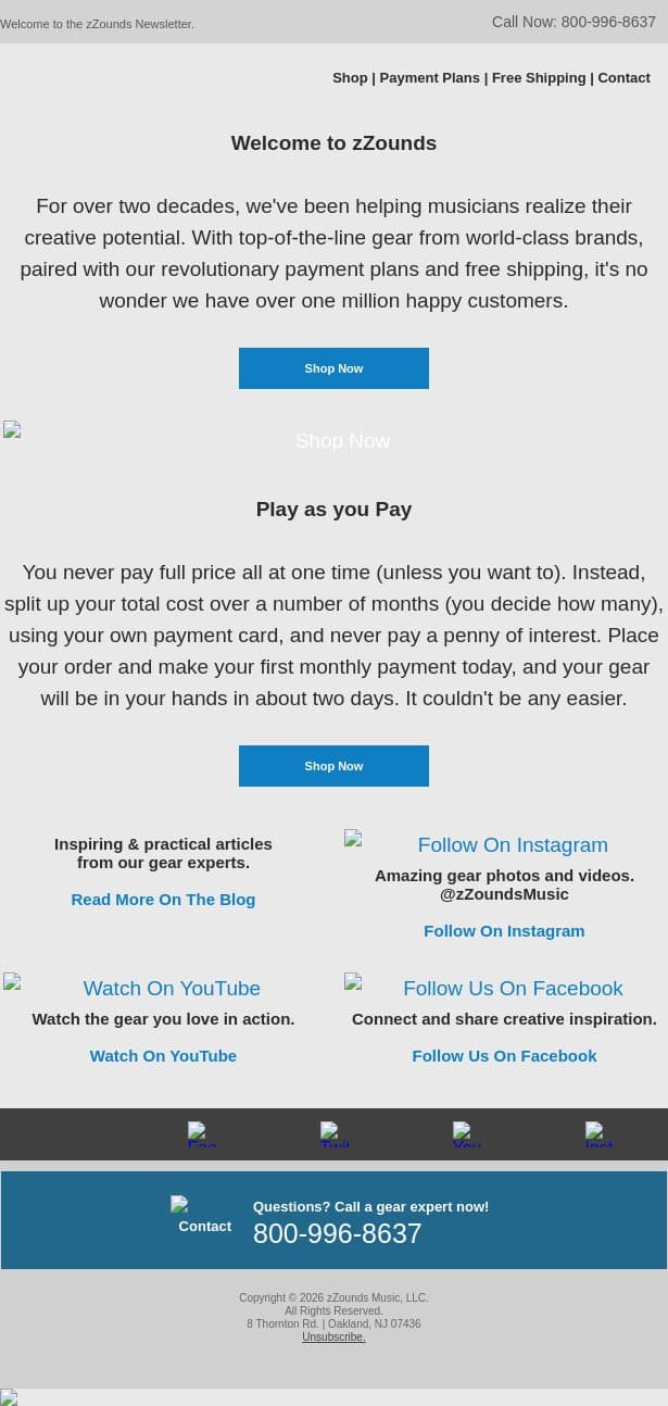 Welcome to zZounds email from zzounds screenshot