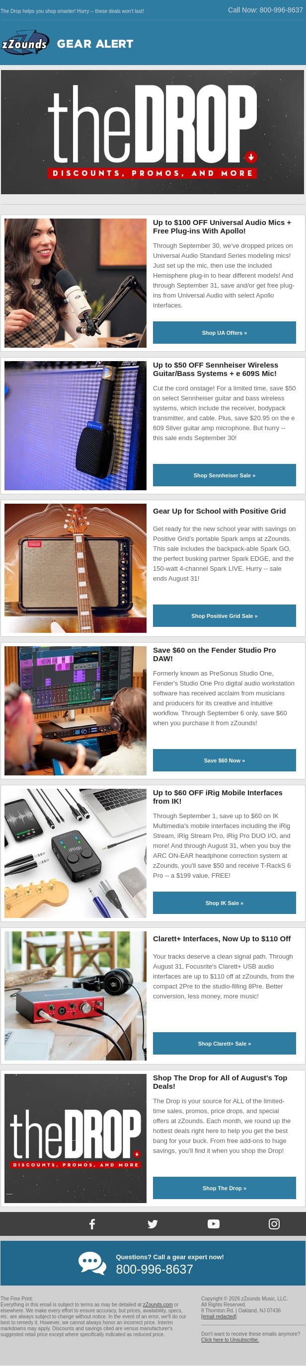 The Drop: Up to $100 OFF Universal Audio Standard Series Mics and More! email from zzounds screenshot