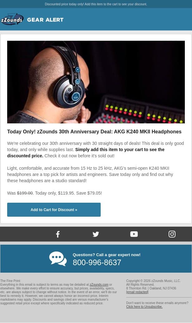 zZounds 30th Anniversary Deal: AKG K240 MKII Headphones email from zzounds screenshot