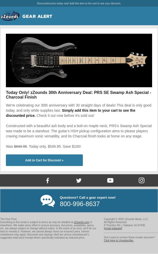 zZounds 30th Anniversary Deal: $100 OFF This PRS SE Swamp Ash Special! email from zzounds screenshot
