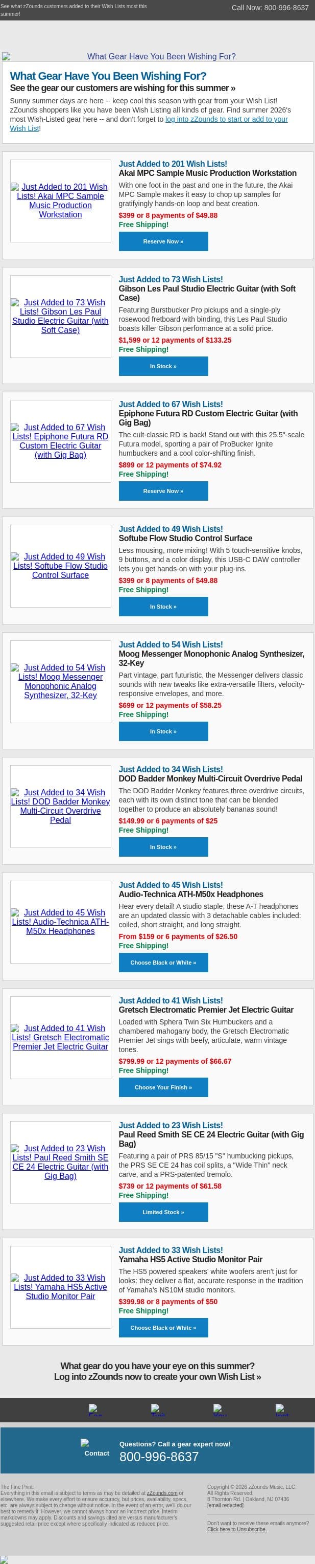 This Summer's Most Wish-Listed Gear! email from zzounds screenshot