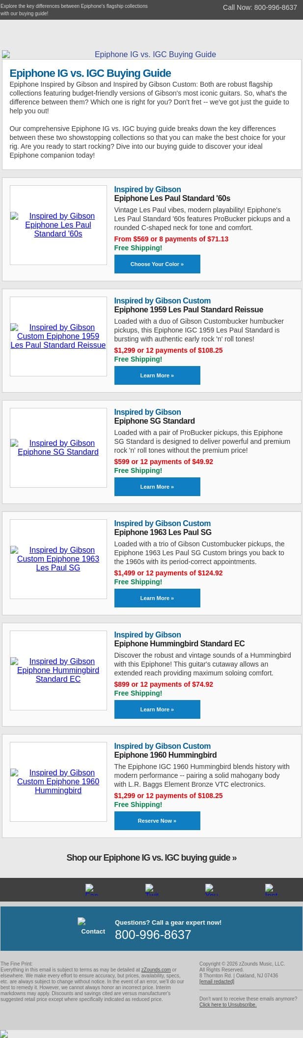 Shopping Epiphone? Check This Out First! email from zzounds screenshot