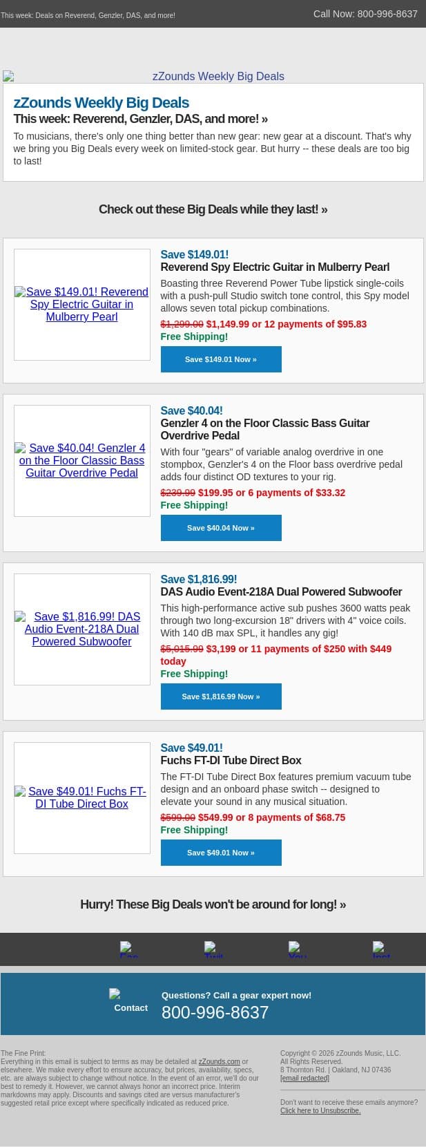 BIG DEALS That Outlast Your Sunscreen! email from zzounds screenshot