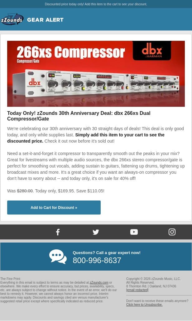 zZounds 30th Anniversary Deal: 40% OFF This dbx Rack Compressor! email from zzounds screenshot