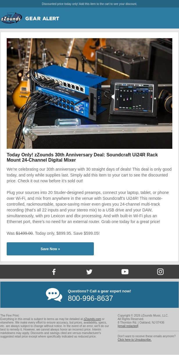 zZounds 30th Anniversary Deal: 40% OFF Soundcraft’s Ui24R Mixer! email from zzounds screenshot