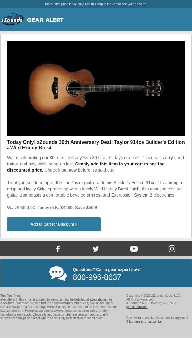 zZounds 30th Anniversary Deal: $500 OFF This Taylor Guitar! email from zzounds screenshot