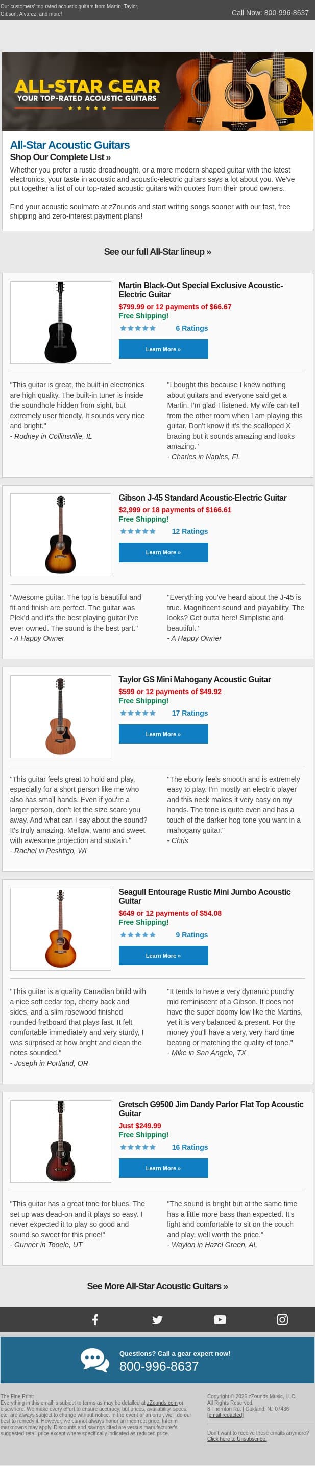 All-Star Acoustic Guitars from $249.99 email from zzounds screenshot