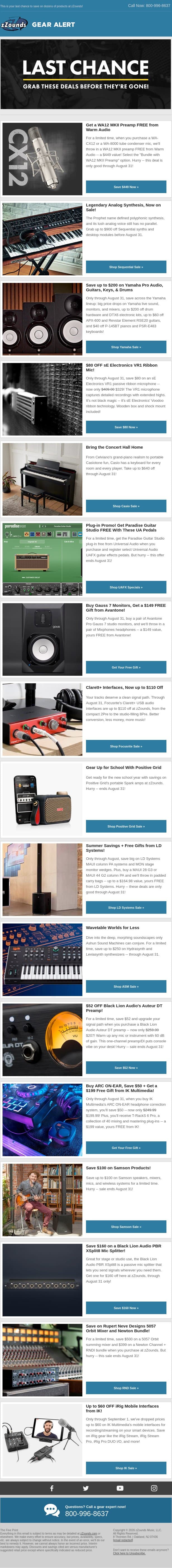 Last Chance to Save in August -- Up to $900 Off Ends Monday! email from zzounds screenshot