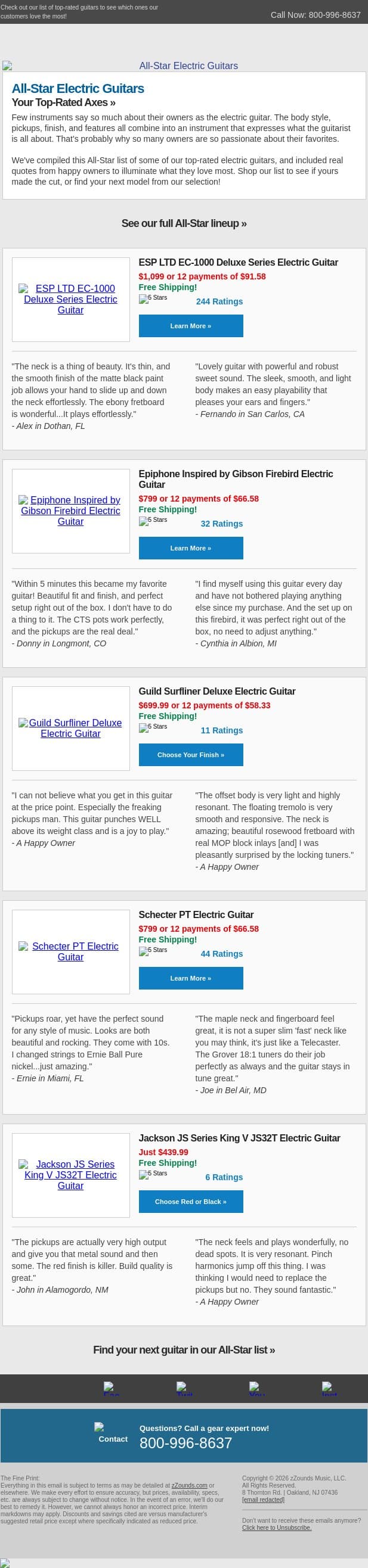 All-Star Electric Guitars From $439.99! email from zzounds screenshot