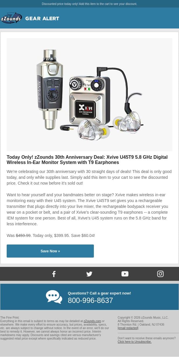 zZounds 30th Anniversary Deal: $60 OFF This Xvive Wireless IEM System! email from zzounds screenshot