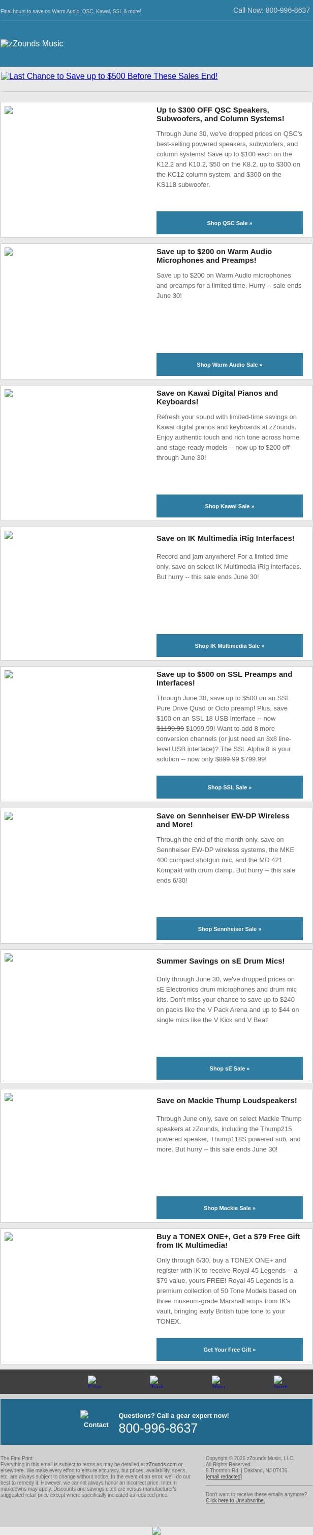 Last Chance to Save up to $500 Before These Sales End! email from zzounds screenshot