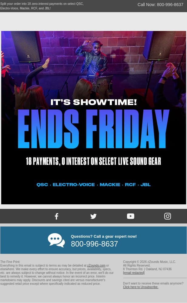⌛Ends Friday! 18 Payments, 0 Interest on Select Live Sound Gear email from zzounds screenshot