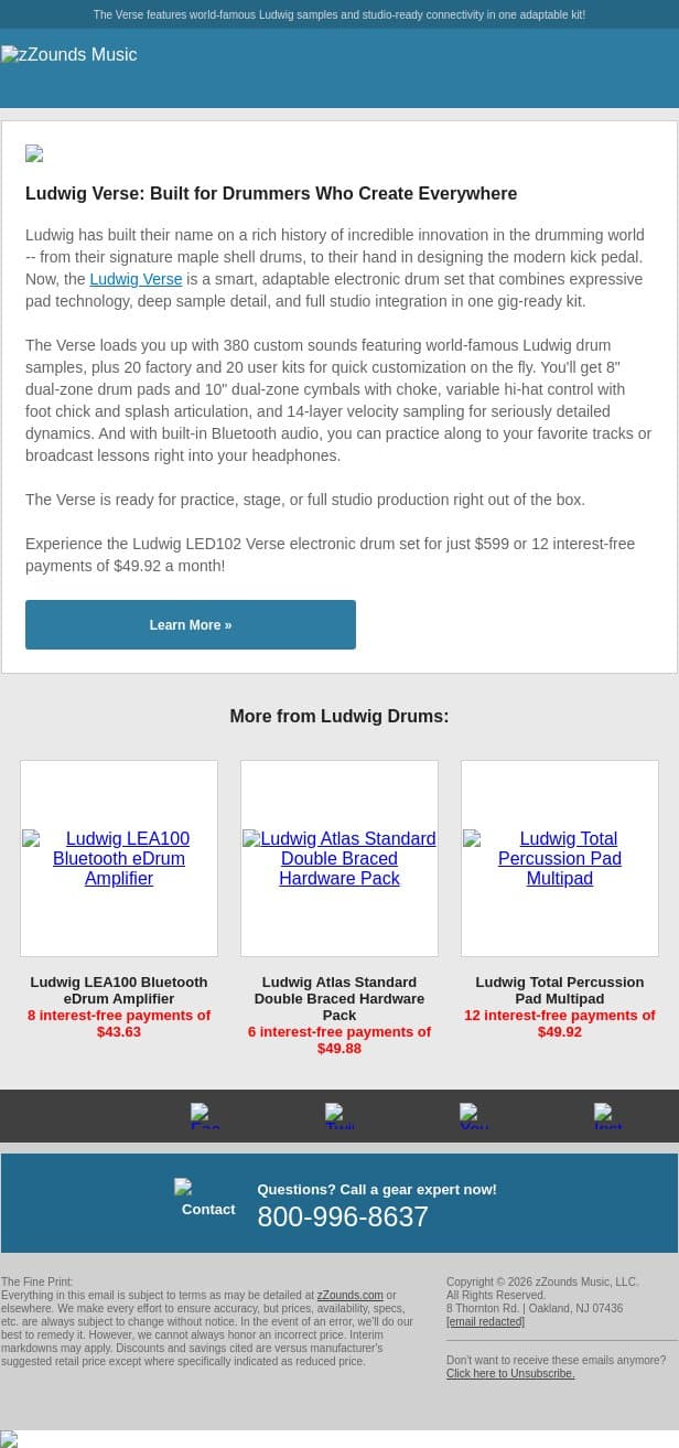 Meet the Ludwig Verse Electronic Drum Set email from zzounds screenshot