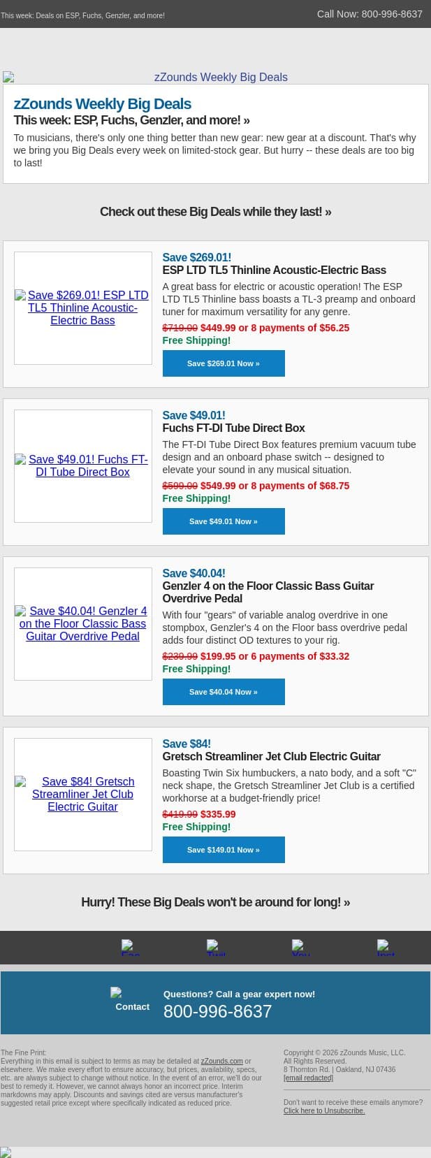 These BIG DEALS Bleed Red, White, and Blue! email from zzounds screenshot