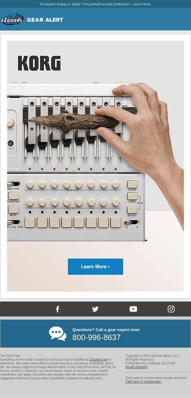 No Samples. No Models. Korg phase8. email from zzounds screenshot