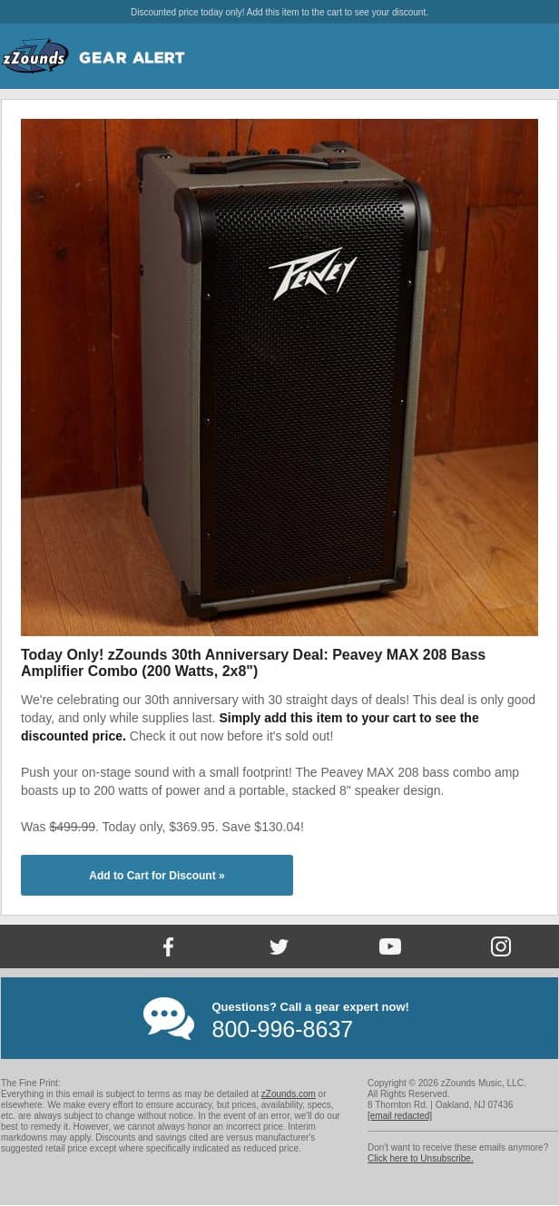 zZounds 30th Anniversary Deal: $130 OFF Peavey MAX 208! email from zzounds screenshot