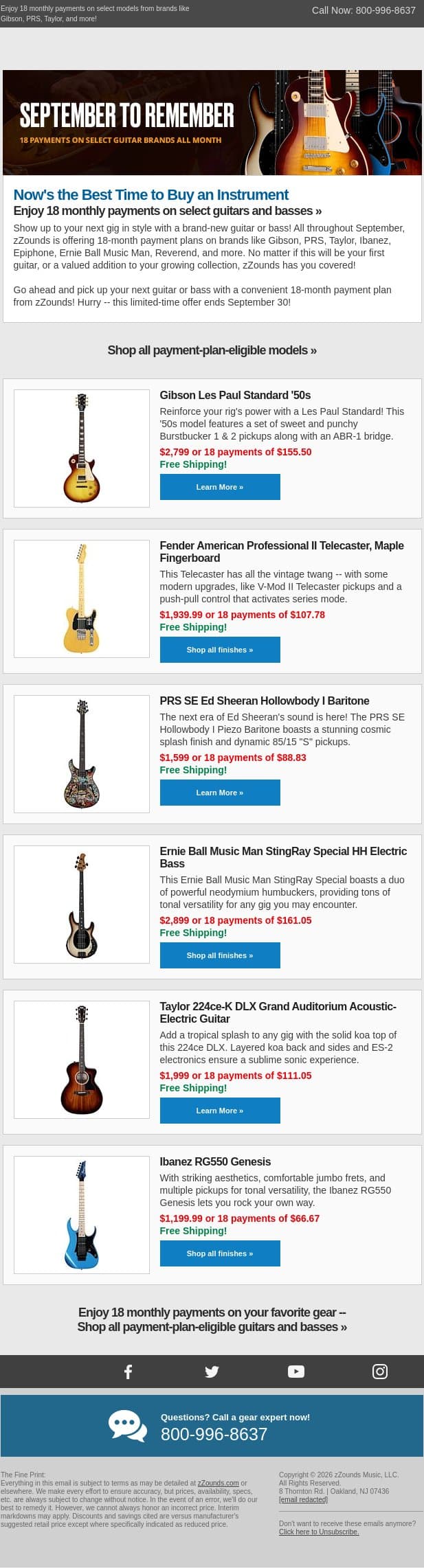 Calling All Guitarists! email from zzounds screenshot