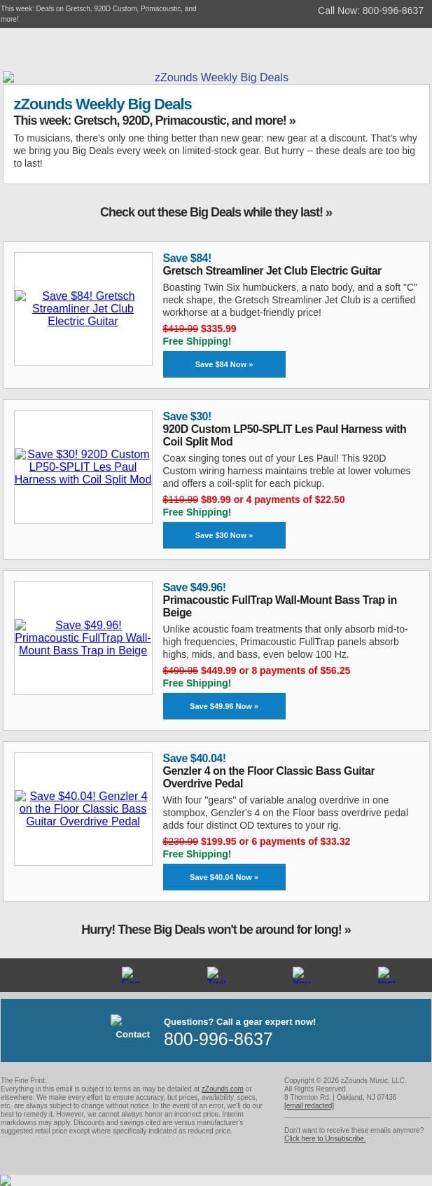 BIG DEALS, Even Bigger Riffs! email from zzounds screenshot