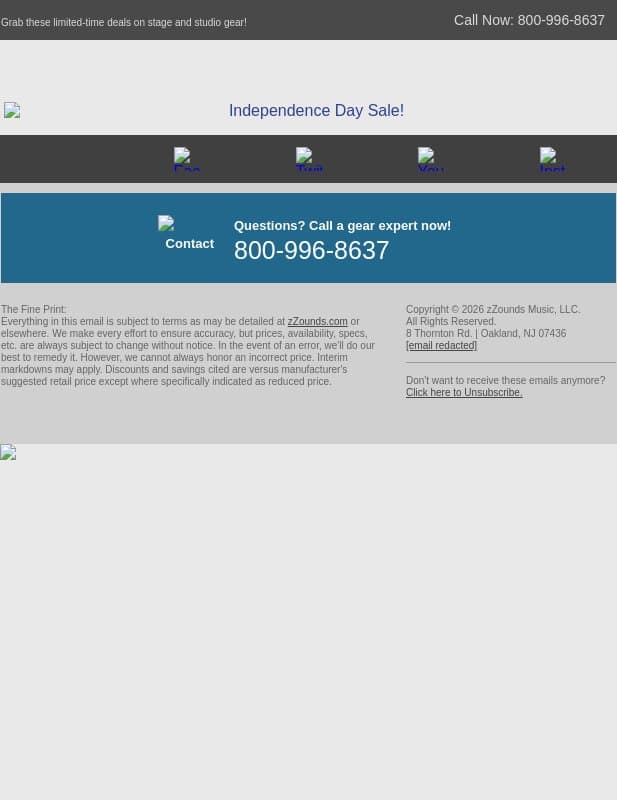 Independence Day Sale! email from zzounds screenshot