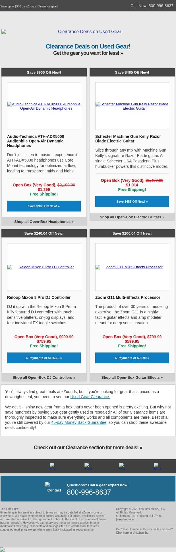 Open-Box Deals: Audio-Technica, Schecter, Reloop, and More! email from zzounds screenshot