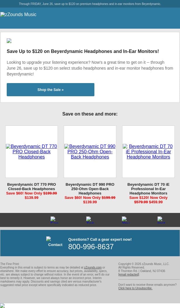 THIS WEEK ONLY: Up to $120 OFF Beyerdynamic Headphones! email from zzounds screenshot