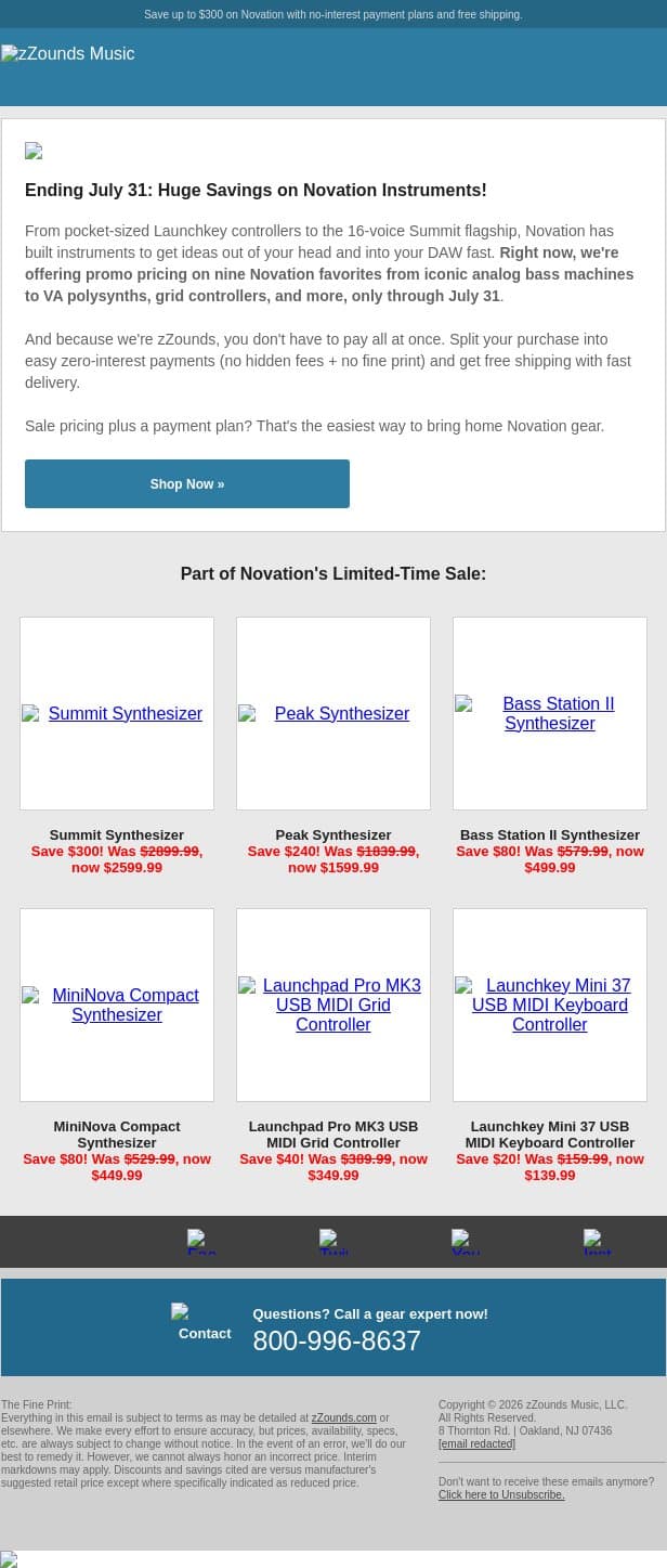 Synths Go Deep, Novation Prices Drop Deeper email from zzounds screenshot