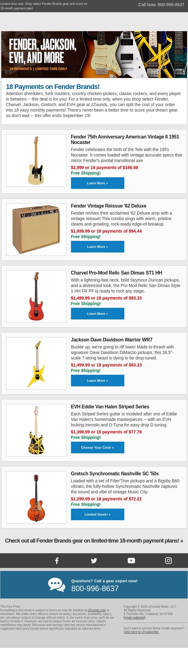 Your Dream Offer on Fender Brand Gear Awaits! email from zzounds screenshot