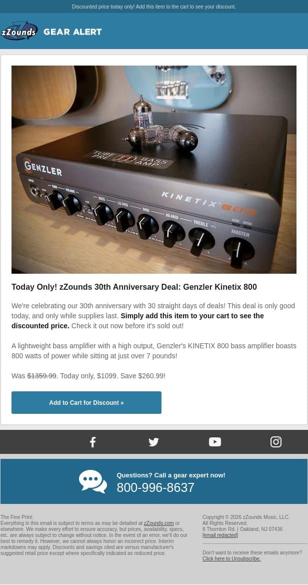 zZounds 30th Anniversary Deal: Genzler Kinetix 800 Bass Amp! email from zzounds screenshot