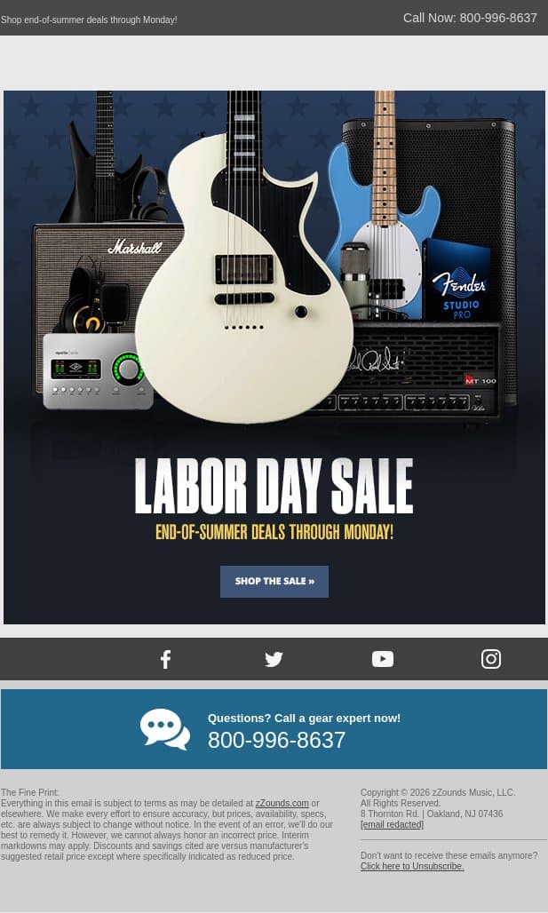 Labor Day Sale: PA Speakers, DJ Gear, Guitars, and More! email from zzounds screenshot