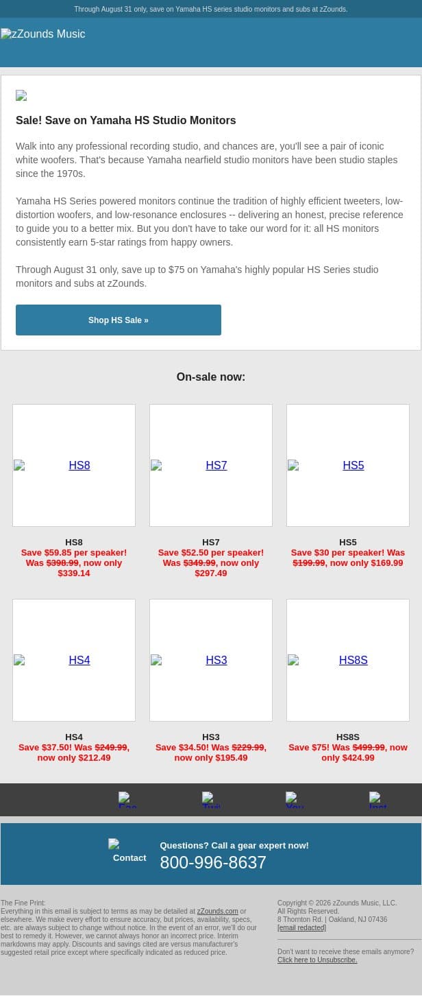 Sale! Save on Yamaha HS Studio Monitors email from zzounds screenshot