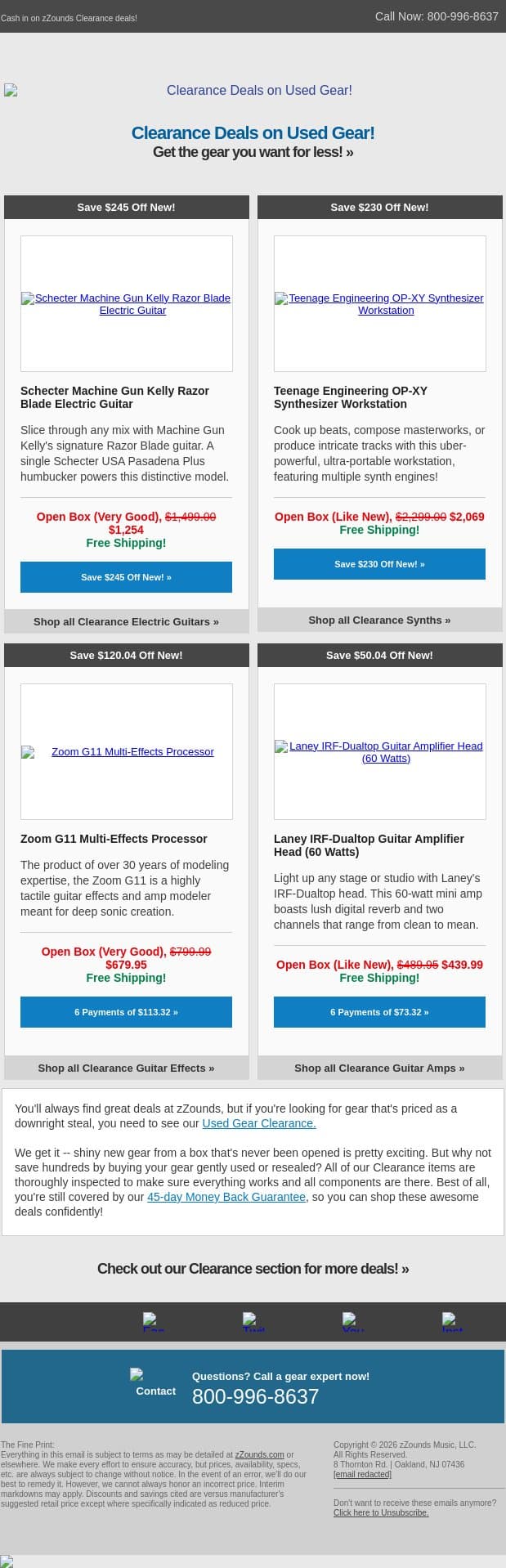 Open-Box Deals: Schecter, Laney, Teenage Engineering, and More! email from zzounds screenshot
