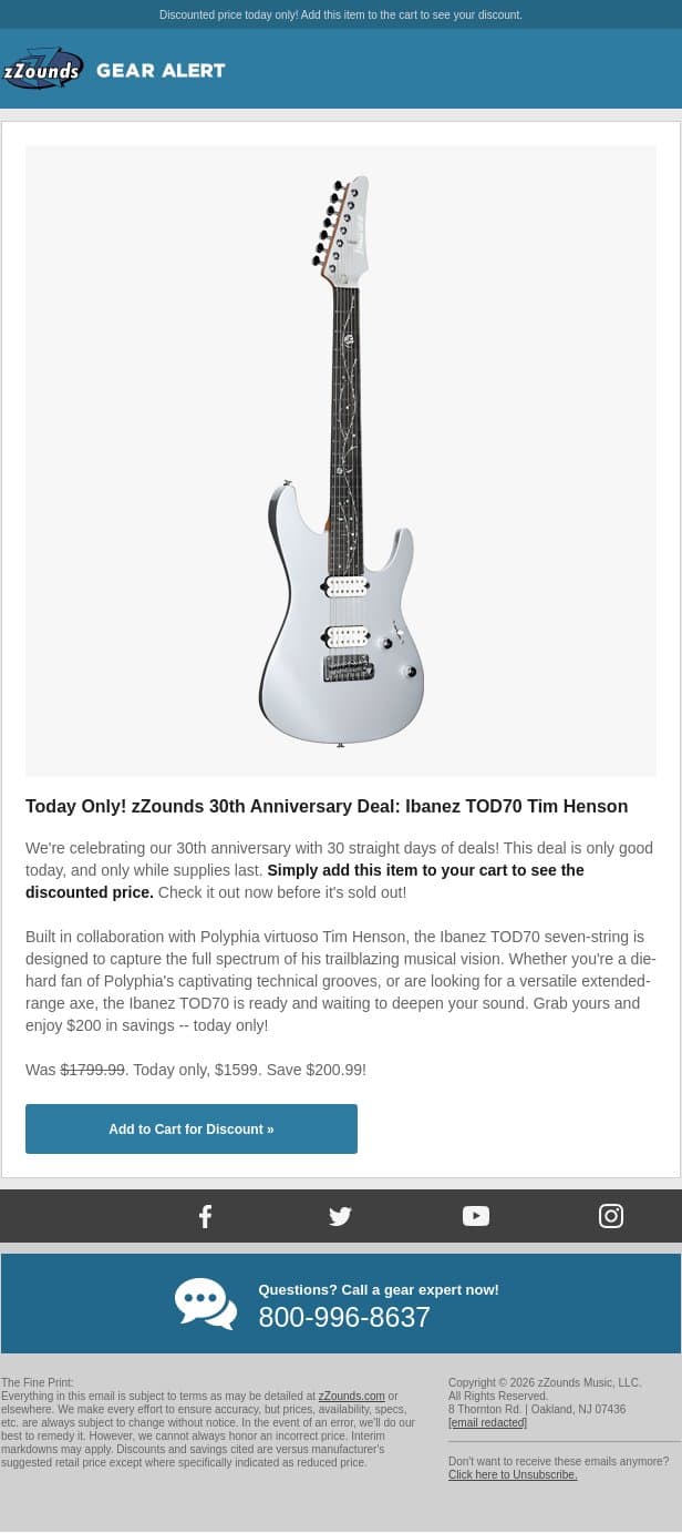 zZounds 30th Anniversary Deal: $200 OFF This Ibanez 7-String! email from zzounds screenshot