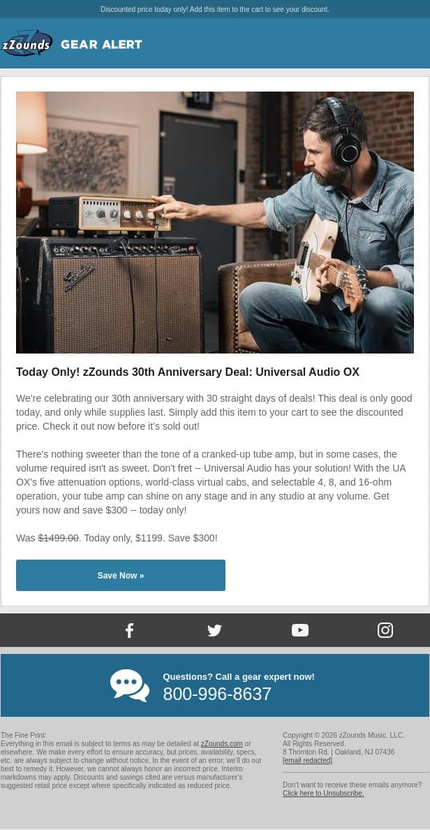 zZounds 30th Anniversary Deal: $300 Off the UA OX! email from zzounds screenshot