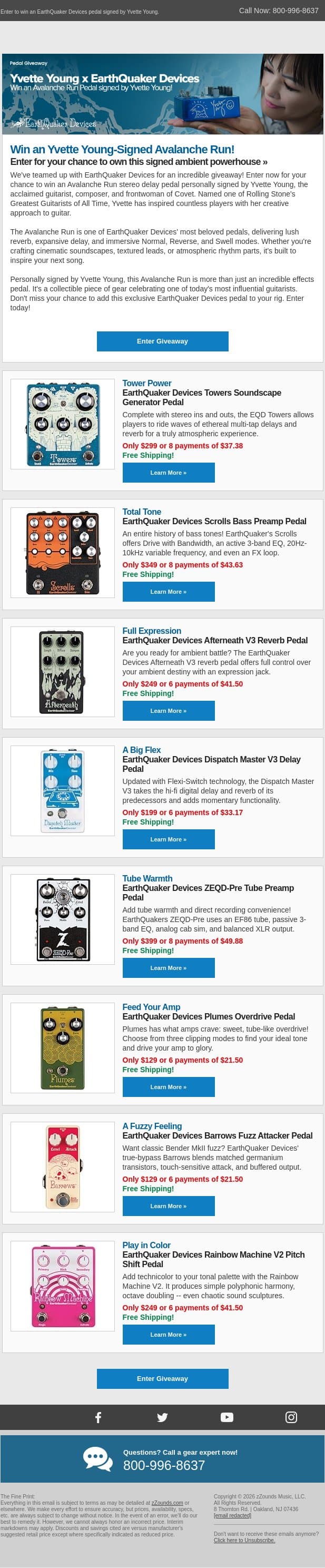 Win a Signed Avalanche Run Pedal! email from zzounds screenshot