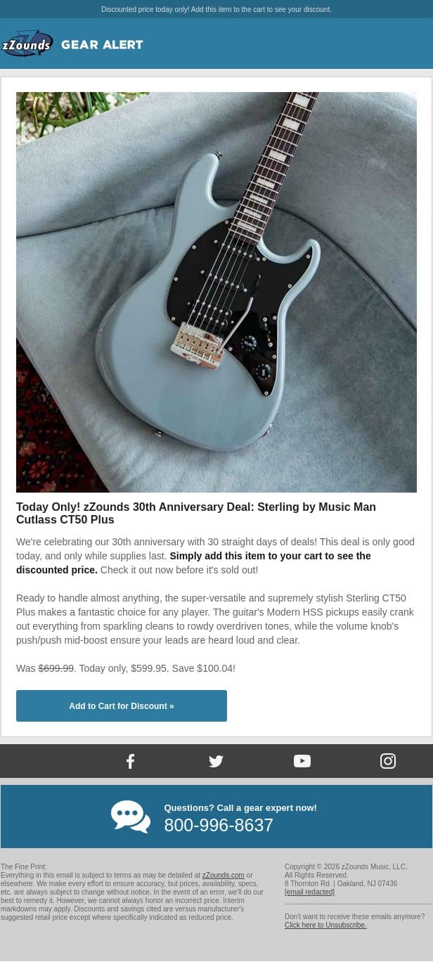 zZounds 30th Anniversary Deal: $100 OFF This Sterling Guitar! email from zzounds screenshot