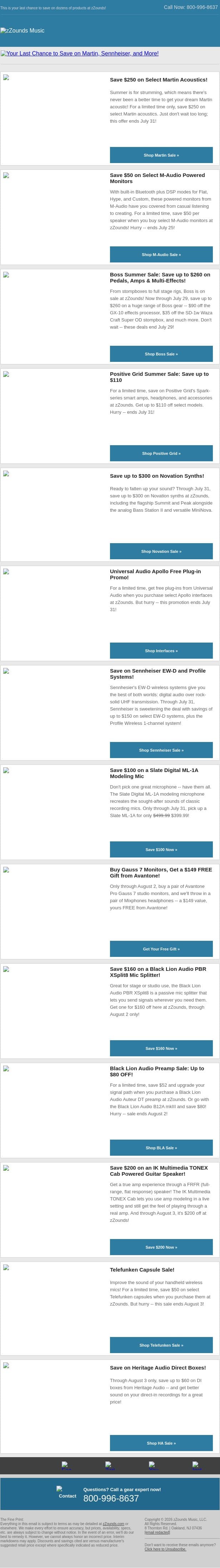 Your Last Chance to Save on Martin, Sennheiser, and More! email from zzounds screenshot