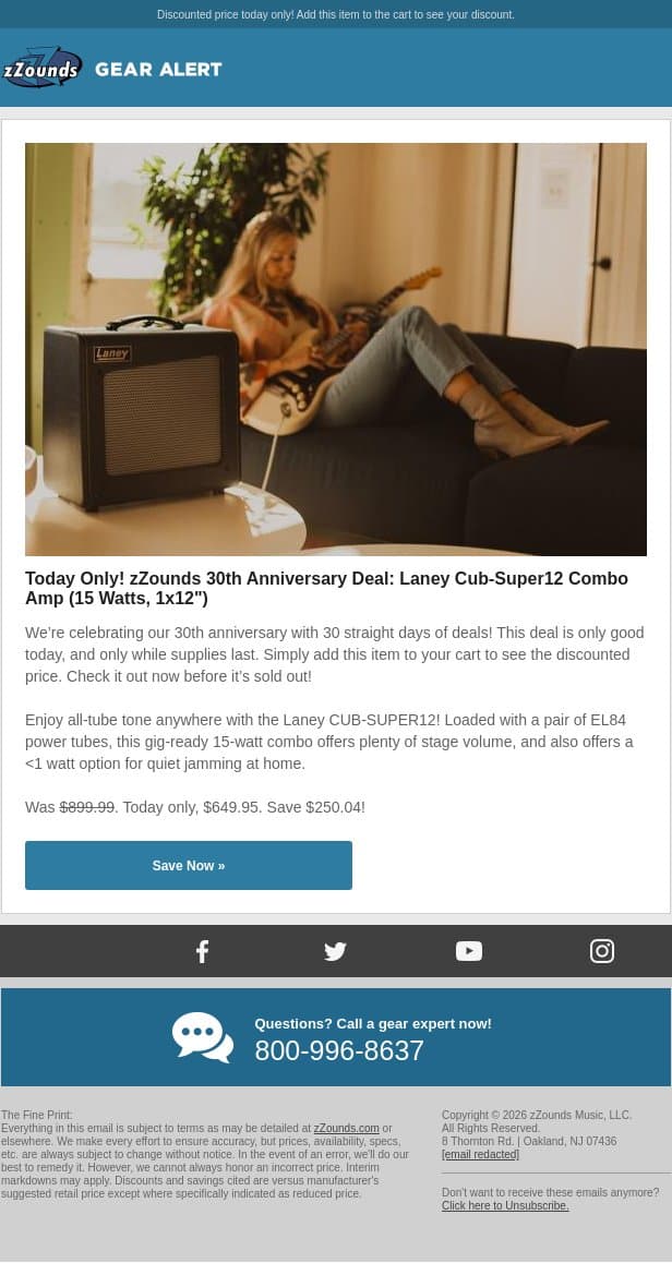 zZounds 30th Anniversary Deal: $250 OFF This Laney Combo Amp! email from zzounds screenshot