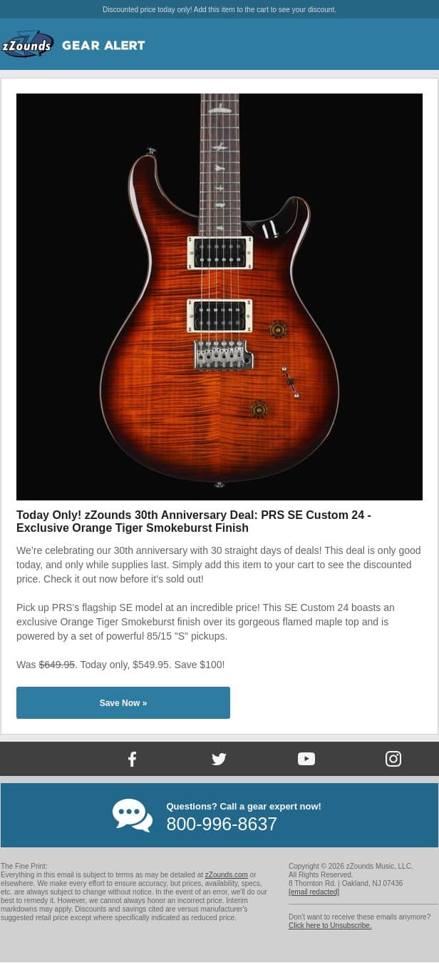 zZounds 30th Anniversary Deal: $100 OFF This PRS SE Custom 24! email from zzounds screenshot