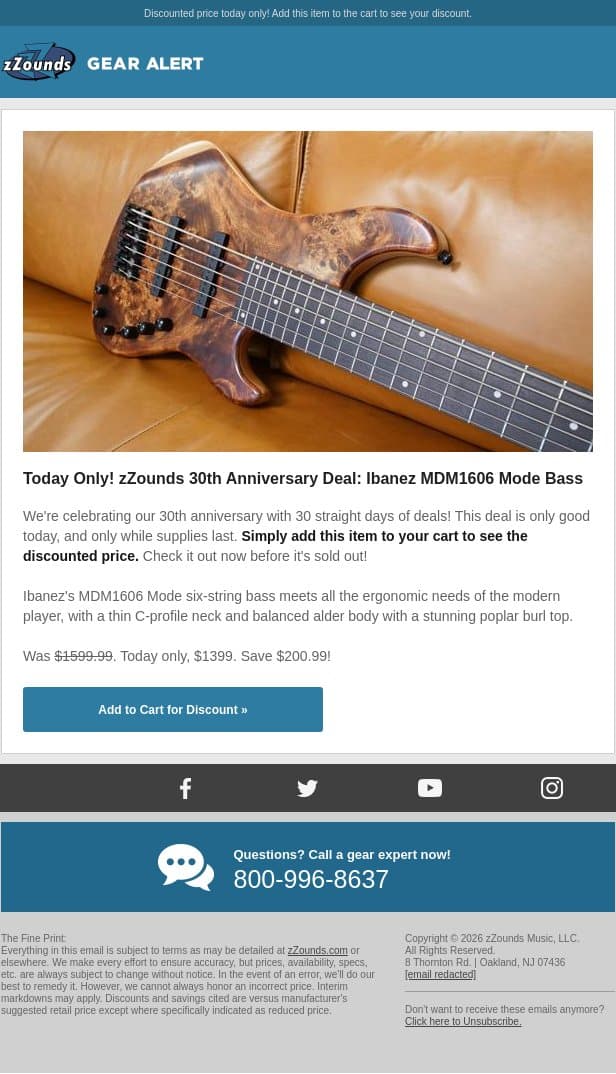 zZounds 30th Anniversary Deal: $200 OFF This Ibanez 6-String Bass! email from zzounds screenshot