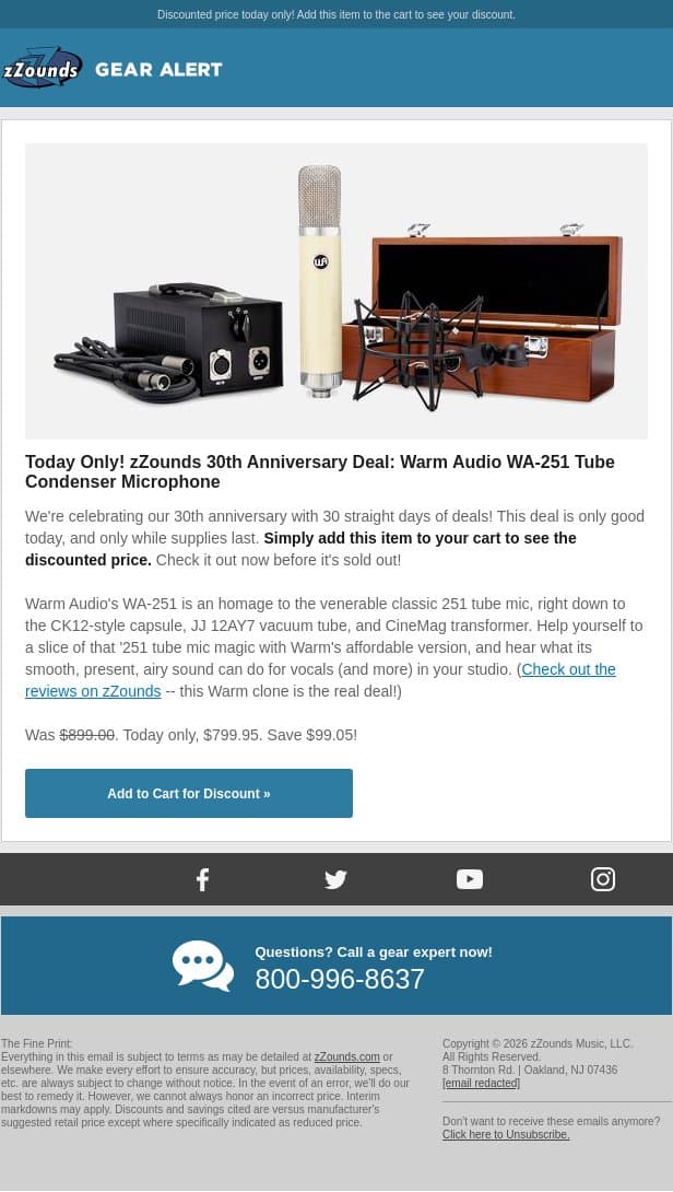 zZounds 30th Anniversary Deal: $99 OFF This Warm Tube Mic! email from zzounds screenshot